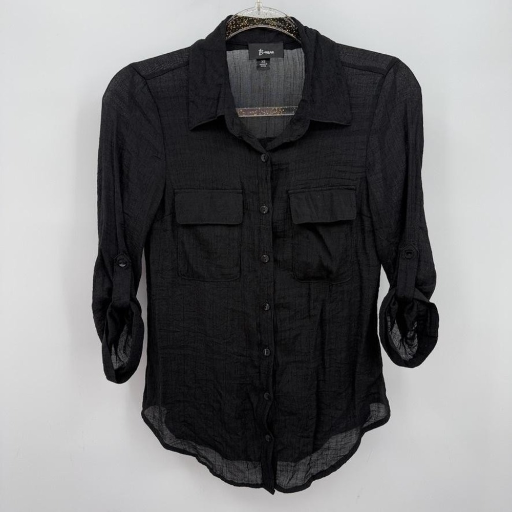 Y2K B Wear Shirt Womens XS Black‎ Sheer Roll Tab Sleeve Long Office Blouse
